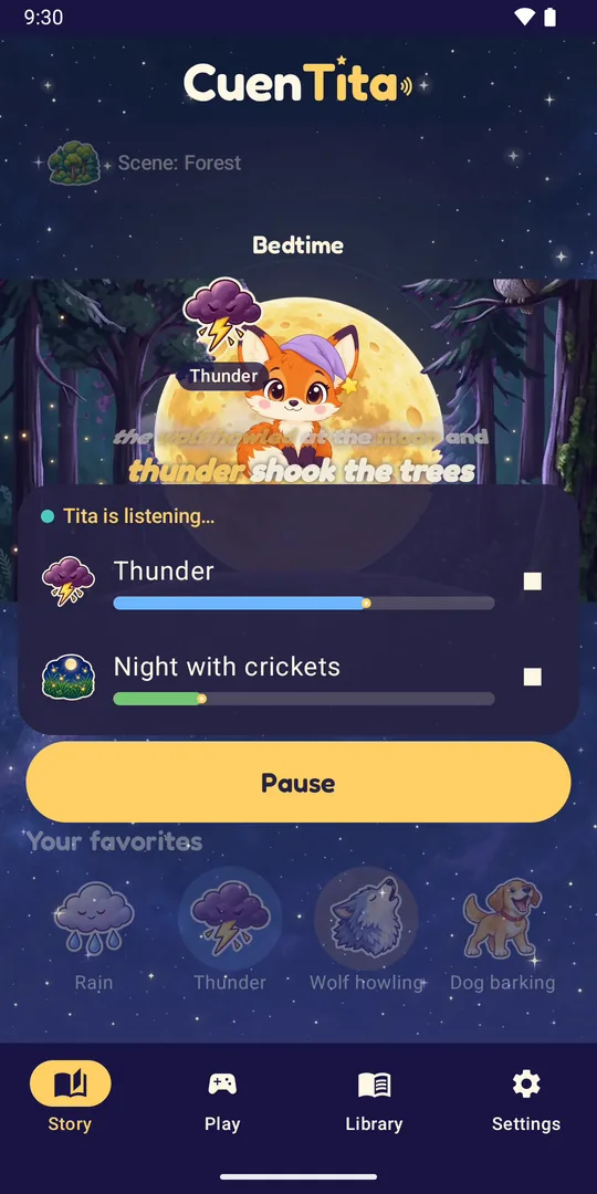 Story screen in the Forest scene: Tita in front of the full moon hears “thunder shook the trees”, the thunder sticker pops up and Thunder and Night with crickets play
