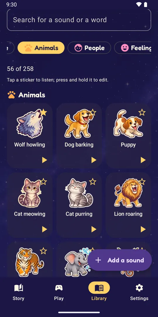 Library of illustrated animal stickers: wolf howling, dog barking, lion roaring and the Add a sound button
