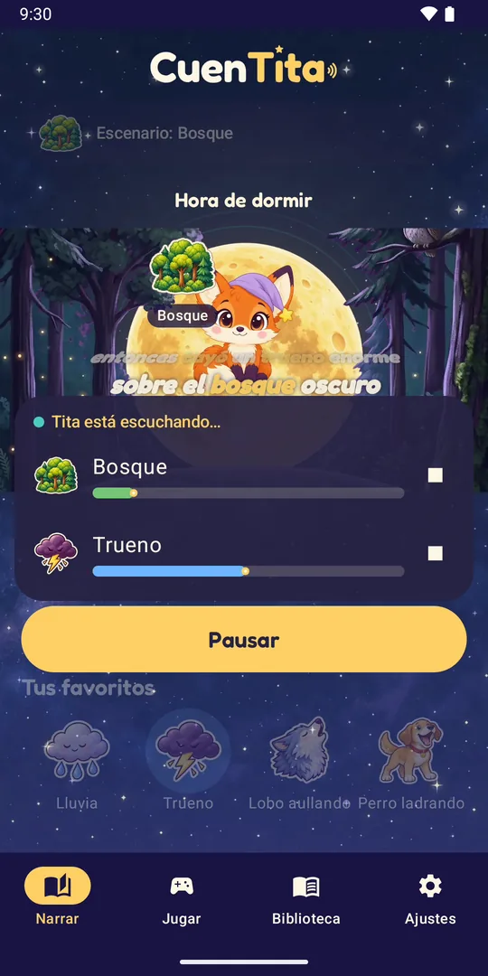 Narrar en el escenario Bosque: Tita frente a la luna llena escucha «sobre el bosque oscuro», sale el sticker del bosque y suenan Bosque y Trueno