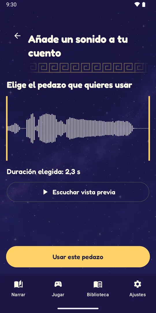 Añadir sonido: la forma de onda de un audio con el pedazo elegido de 2,3 segundos y el botón Usar este pedazo